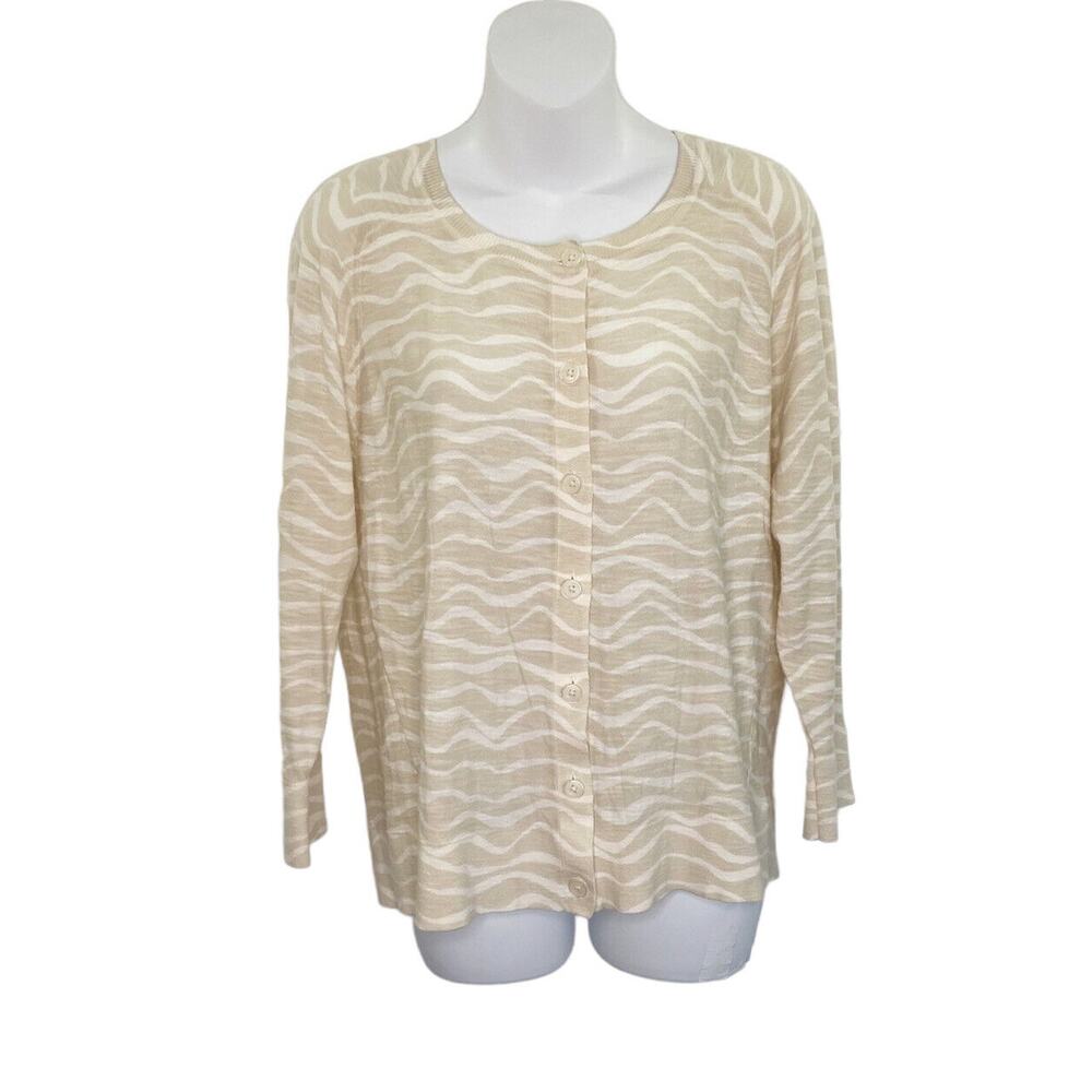 LOFT Sweater Large Cardigan Beige/Off-White Animal Print 3/4 Sleeve Button Front